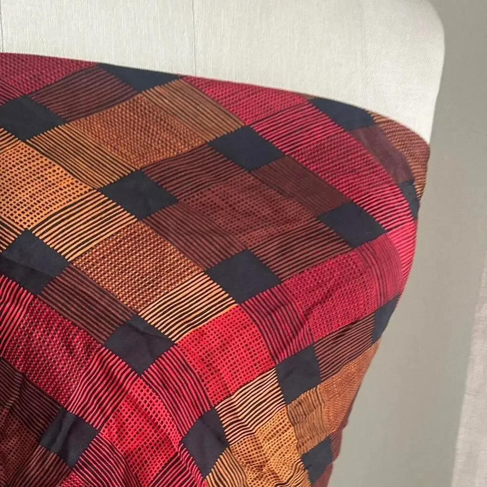 Vintage Scarf Red Black Brown Plaid Silk Triangle Top Classic